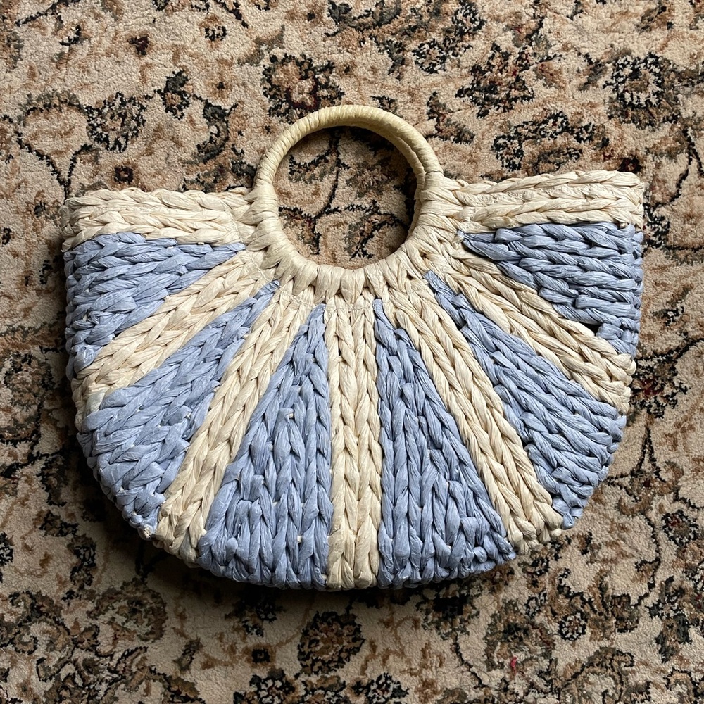 ONLY  Colour block Lined Beach Bag Blue Cream Straw Vacation Summer Boho Casual
